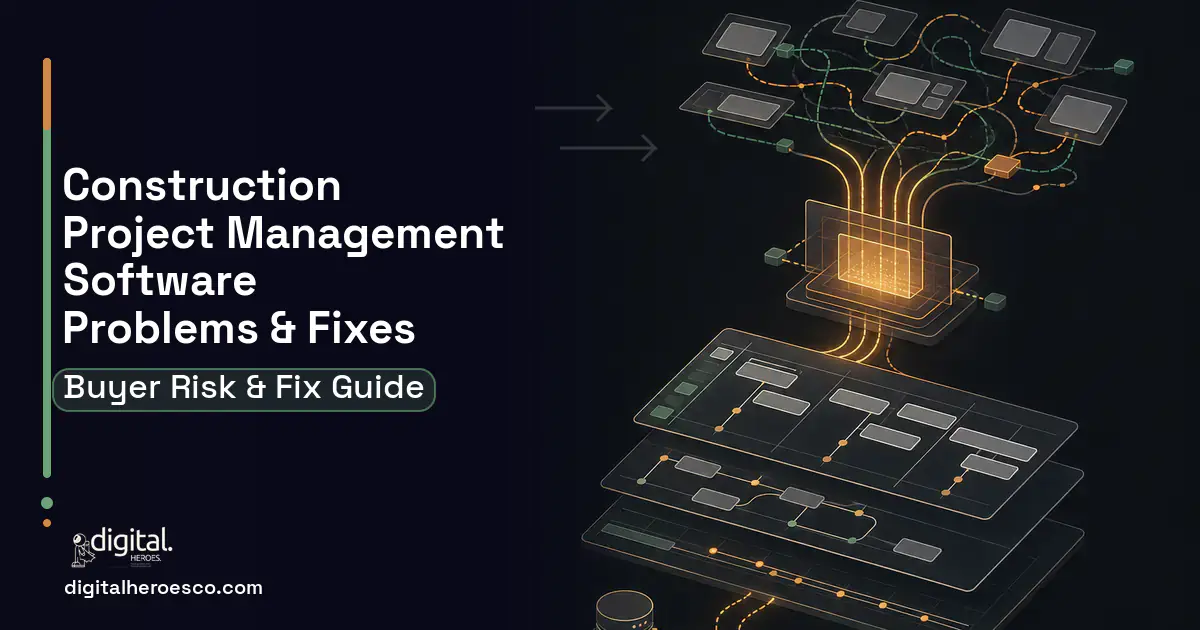 Construction Project Management Software workflow illustration showing common problems and fixes.