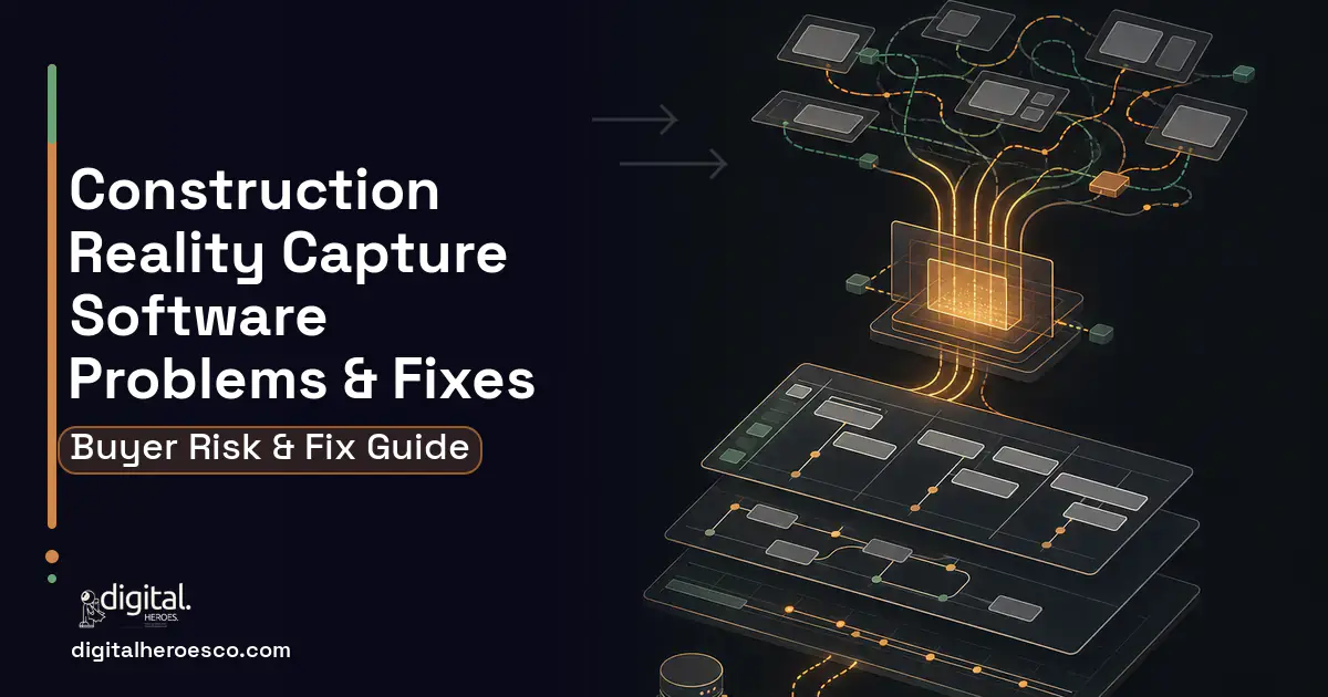 Construction Reality Capture Software workflow illustration showing common problems and fixes.