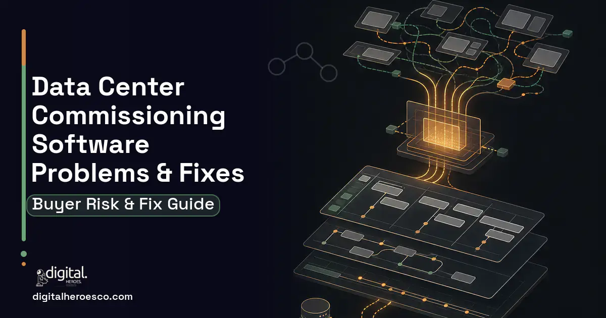 Data Center Commissioning Software workflow illustration showing common problems and fixes.