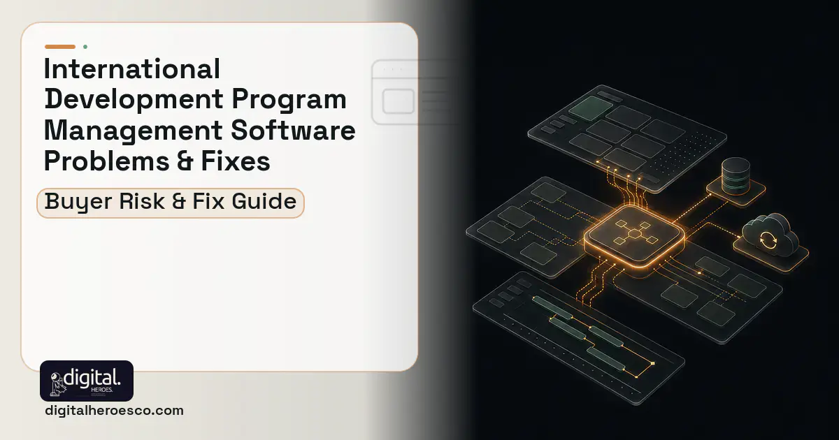 International Development Program Management Software product interface illustration showing common problems and fixes.