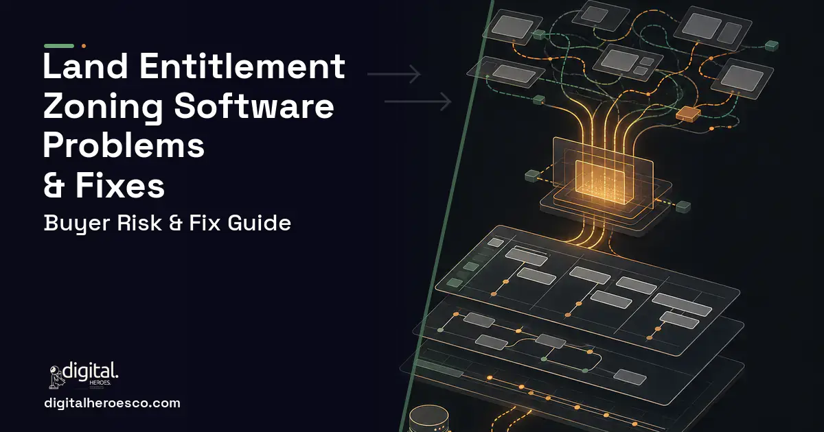 Land Entitlement Zoning Software workflow illustration showing common problems and fixes.