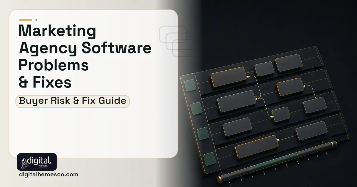 Marketing Agency Software software overview illustration showing common problems and fixes.