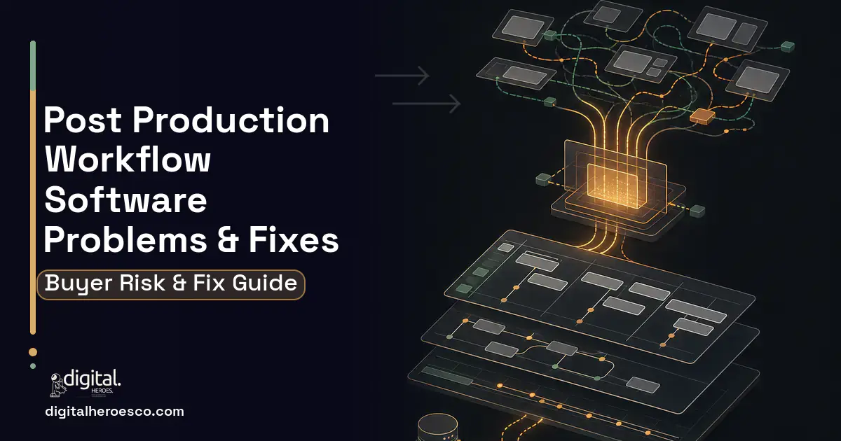 Post Production Workflow Software workflow illustration showing common problems and fixes.