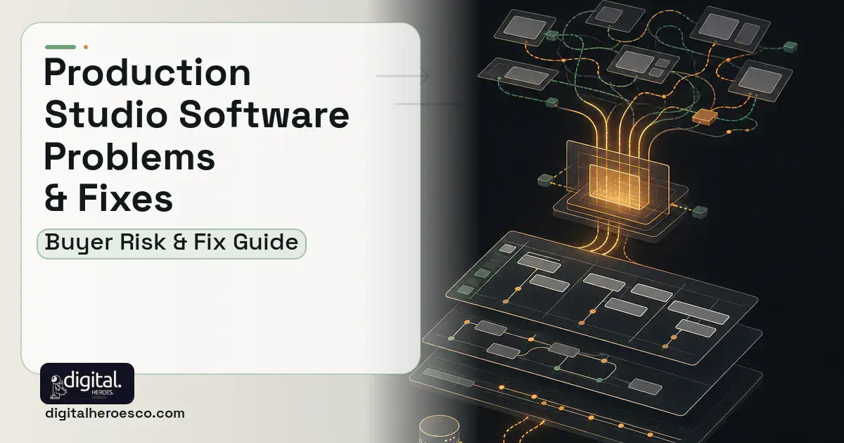 Production Studio Software workflow illustration showing common problems and fixes.