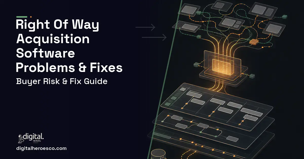 Right OF WAY Acquisition Software workflow illustration showing common problems and fixes.