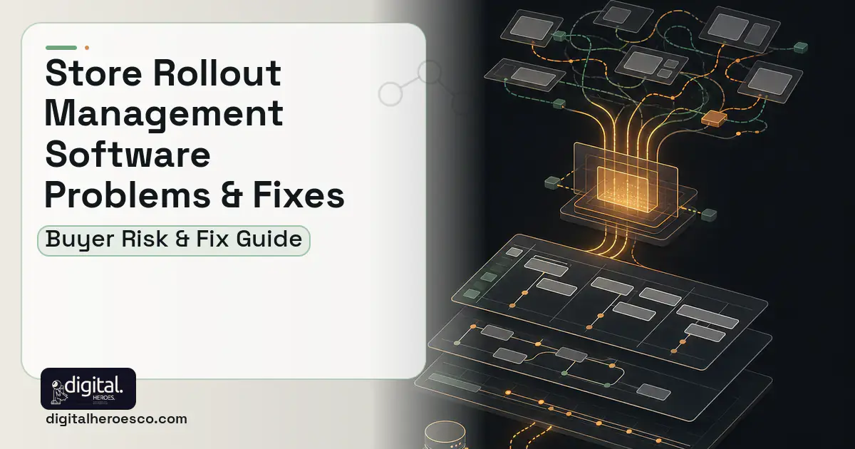 Store Rollout Management Software workflow illustration showing common problems and fixes.
