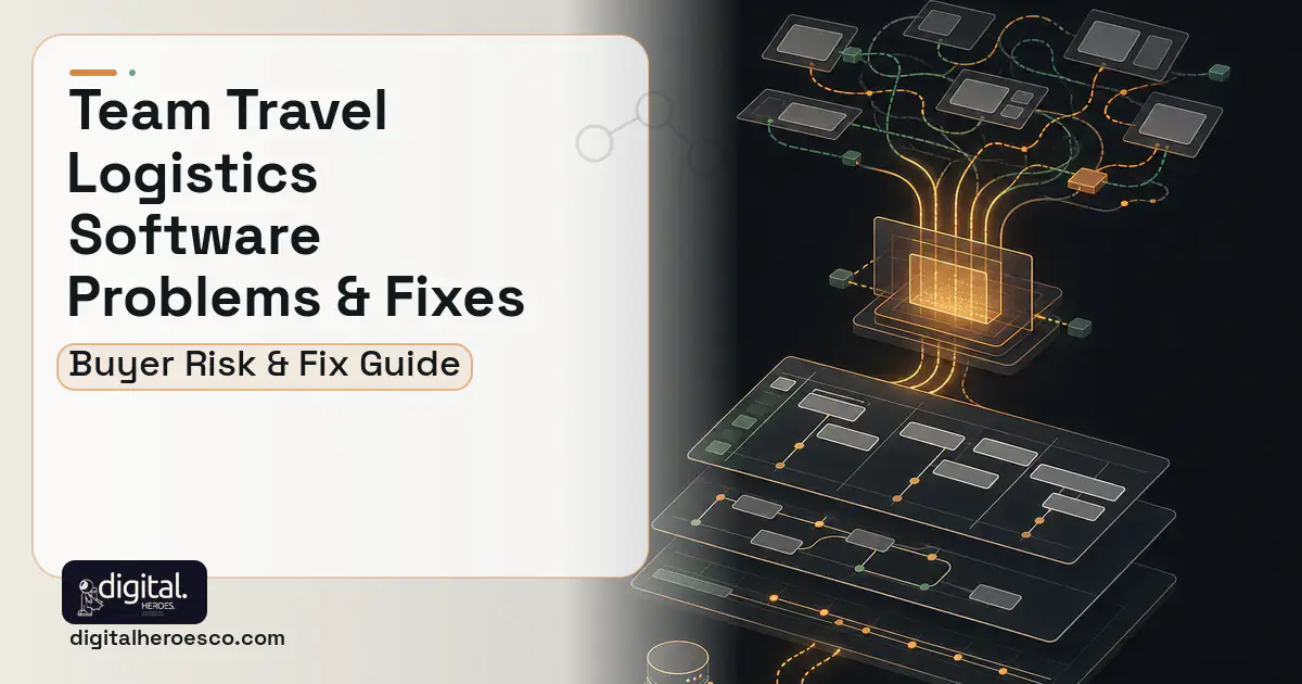 Team Travel Logistics Software workflow illustration showing common problems and fixes.