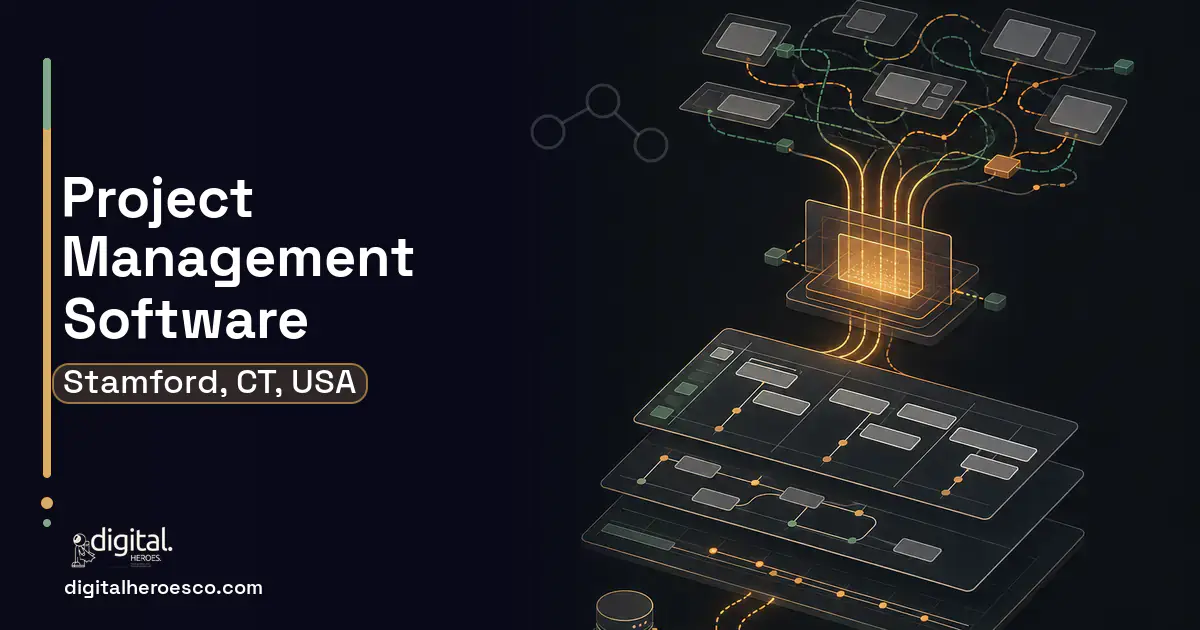 Project Management Software workflow illustration for Stamford, CT, USA.