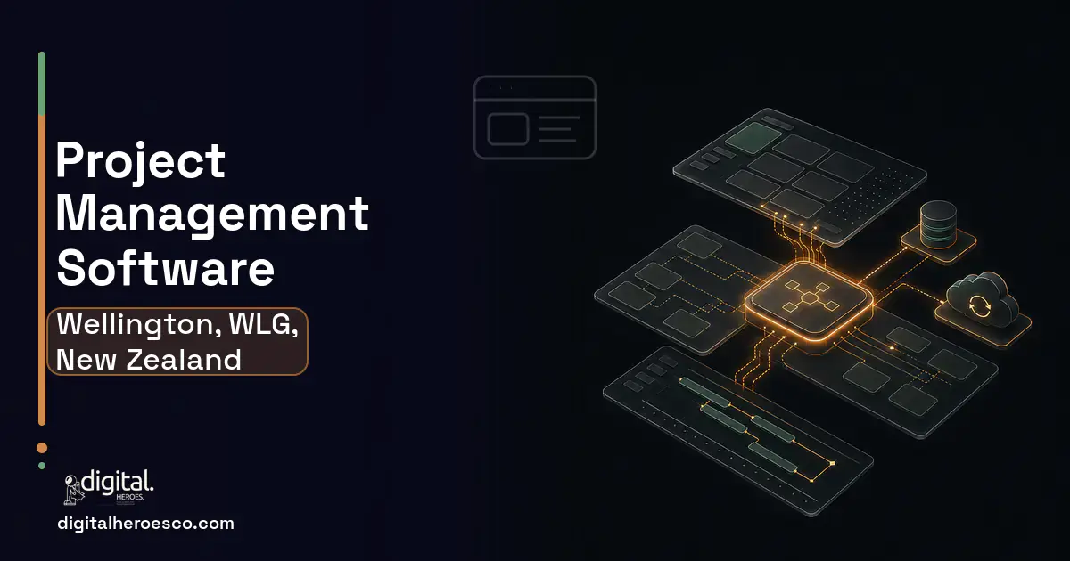 Project Management Software product interface illustration for Wellington, WLG, New Zealand.