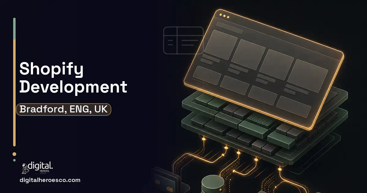 Shopify Development product interface illustration for Bradford, ENG, UK.