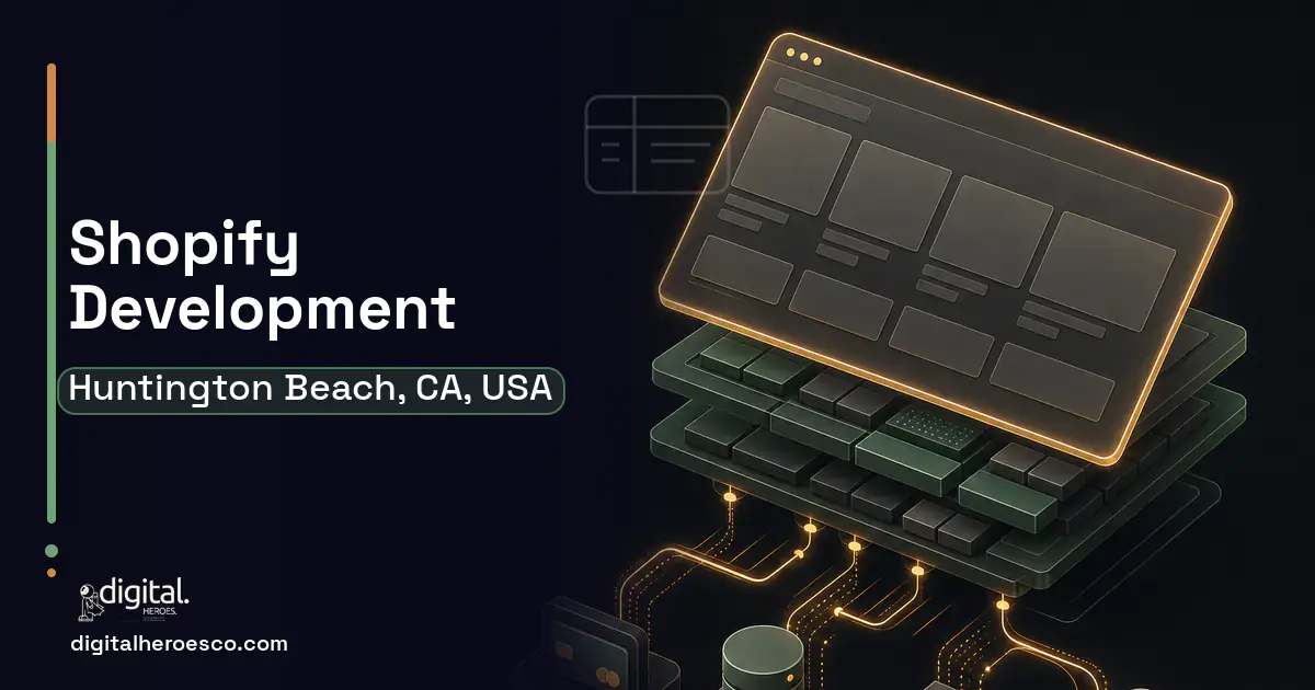 Shopify Development product interface illustration for Huntington Beach, CA, USA.