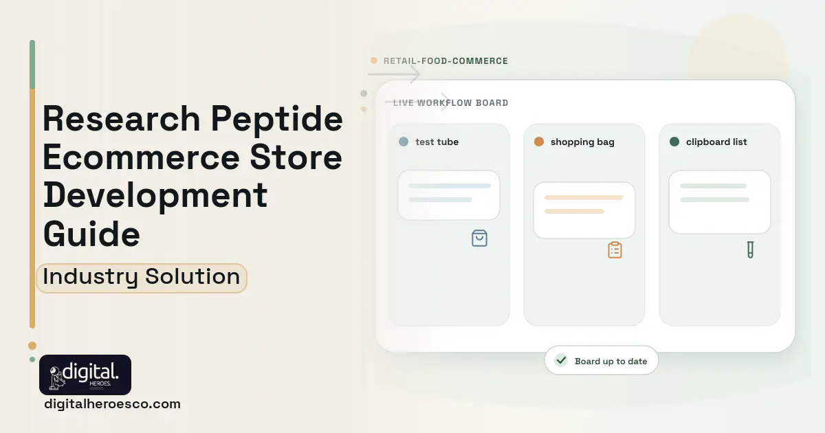 Research Peptide Store software visual showing test tube, shopping bag, and clipboard list.