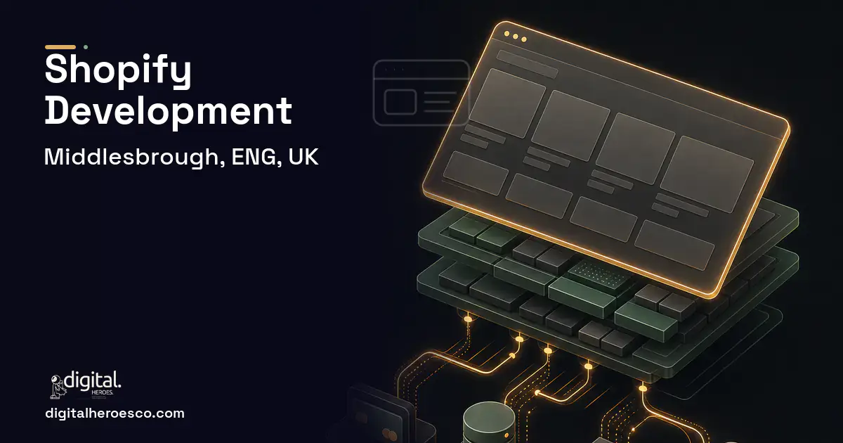 Shopify Development product interface illustration for Middlesbrough, ENG, UK.
