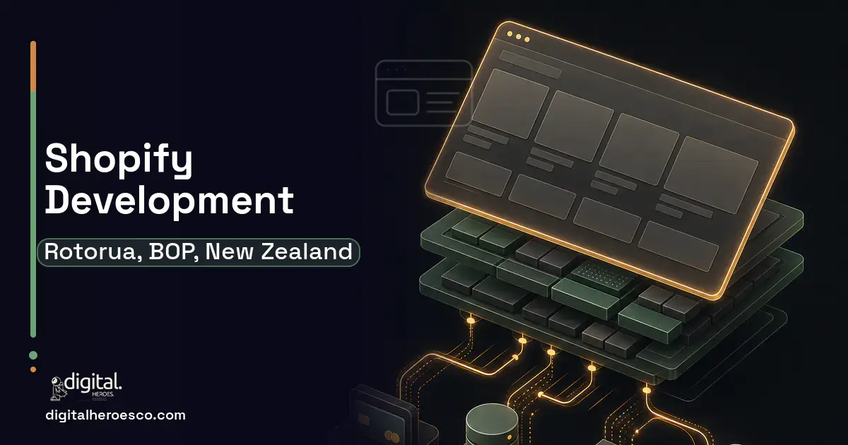 Shopify Development product interface illustration for Rotorua, BOP, New Zealand.