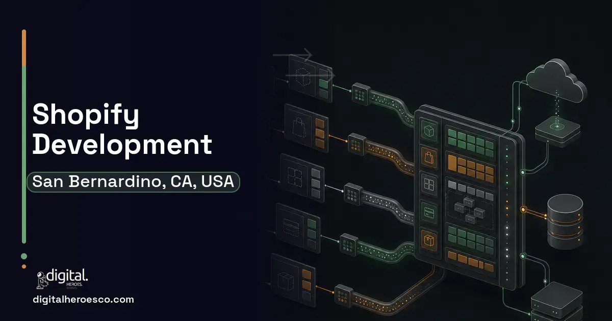 Shopify Development workflow illustration for San Bernardino, CA, USA.