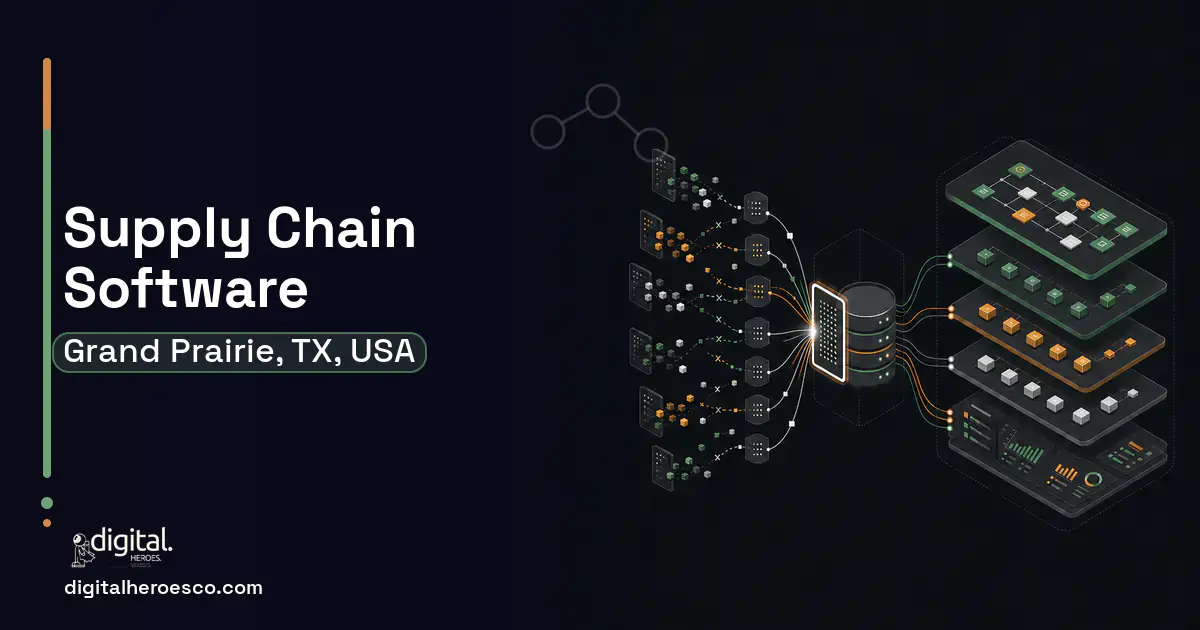 Supply Chain Software workflow illustration for Grand Prairie, TX, USA.