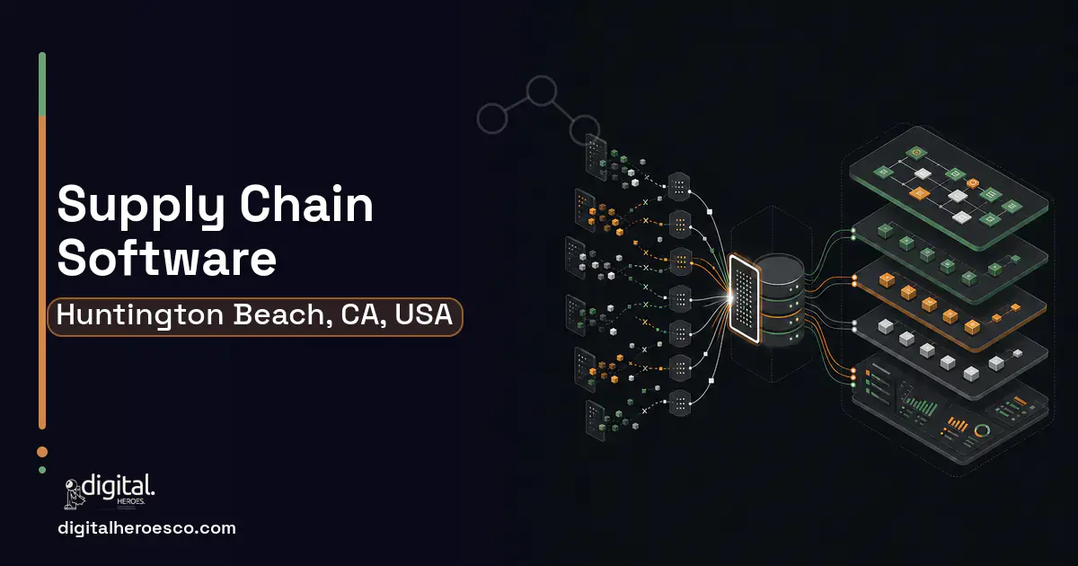 Supply Chain Software workflow illustration for Huntington Beach, CA, USA.