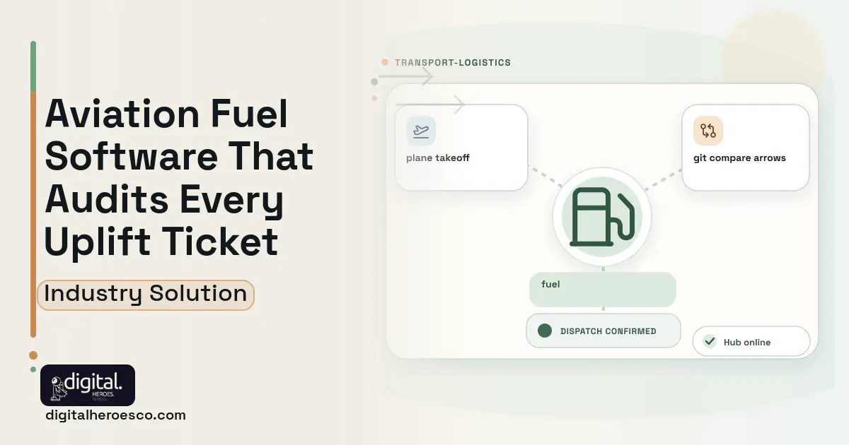 Aviation Fuel Management software visual showing fuel, plane takeoff, and git compare arrows.