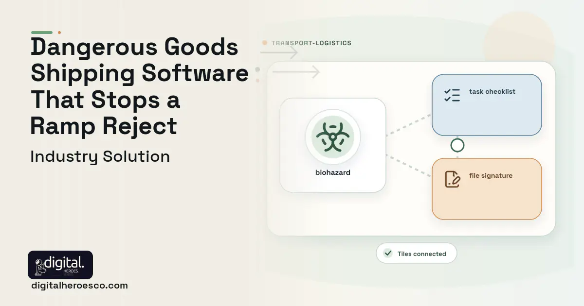 Dangerous Goods Compliance software visual showing biohazard, task checklist, and file signature.