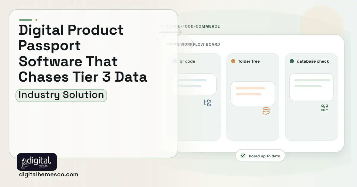 Digital Product Passport software visual showing qr code, folder tree, and database check.