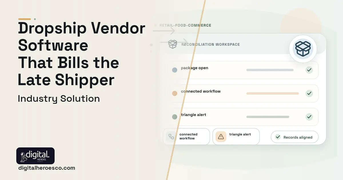 Dropship Vendor Management software visual showing package open, connected workflow, and triangle alert.