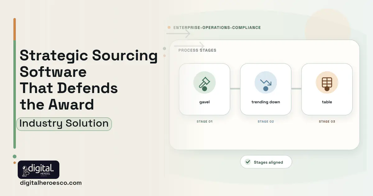 E Sourcing and Reverse Auction software visual showing gavel, trending down, and table.