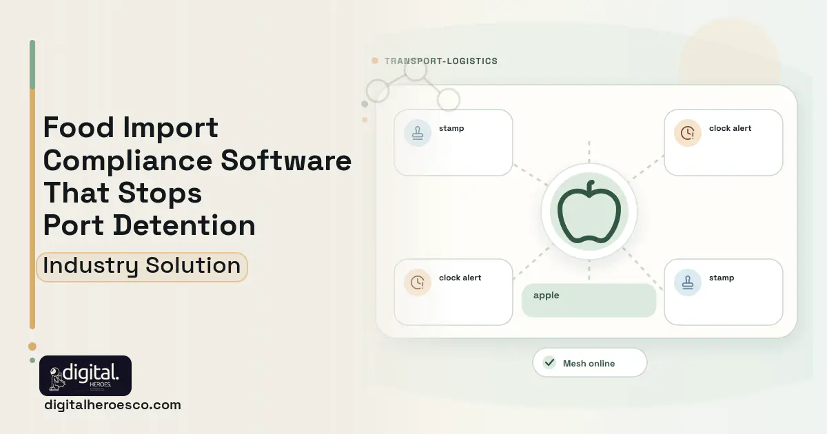 Food Import Compliance software visual showing apple, stamp, and clock alert.