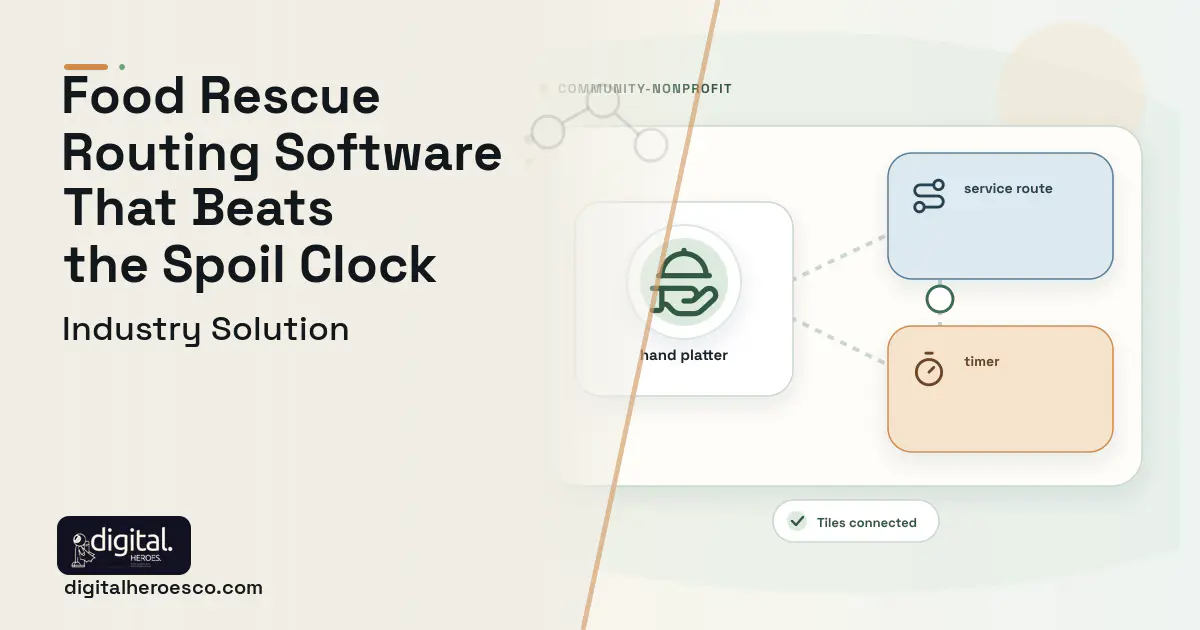 Food Rescue Logistics Platform software visual showing hand platter, service route, and timer.