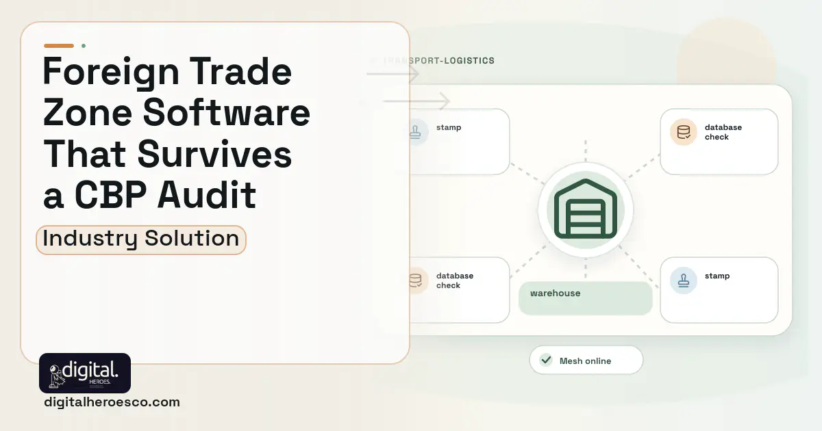 Foreign Trade Zone software visual showing warehouse, stamp, and database check.