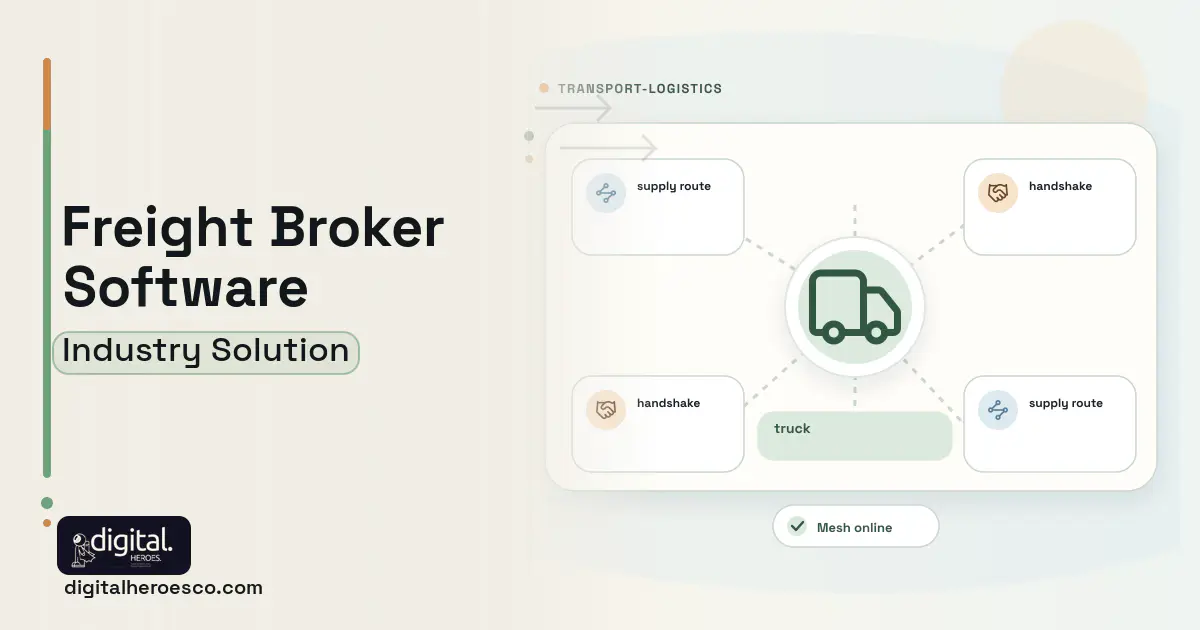 Freight Broker software visual showing truck, supply route, and handshake.