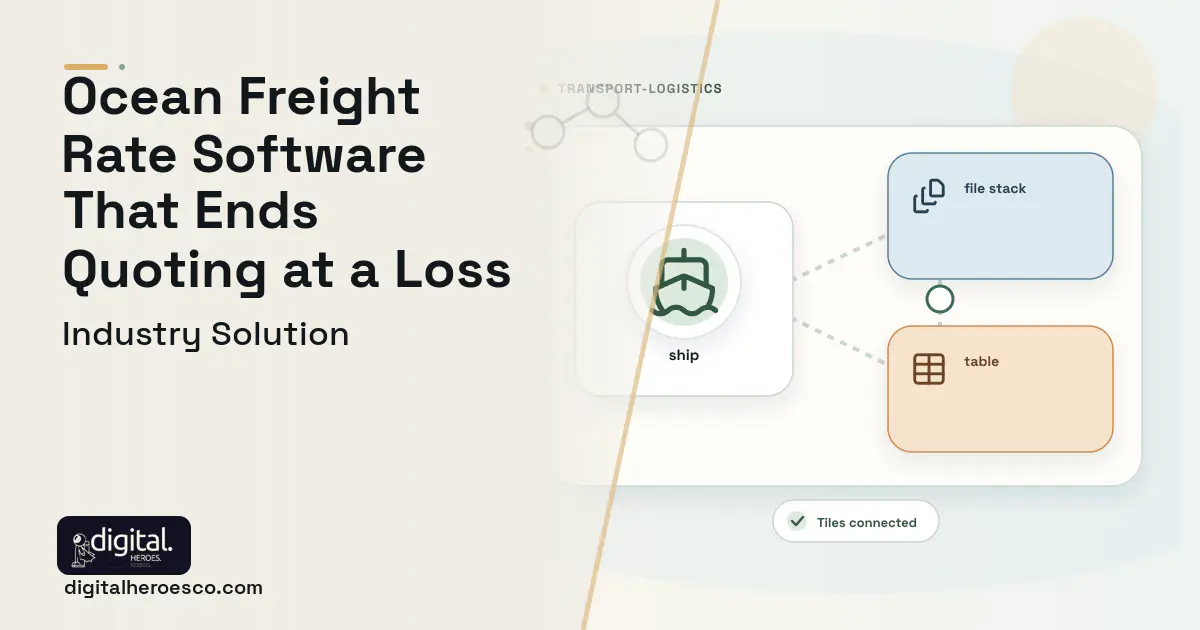 Ocean Freight Rate Management software visual showing ship, file stack, and table.