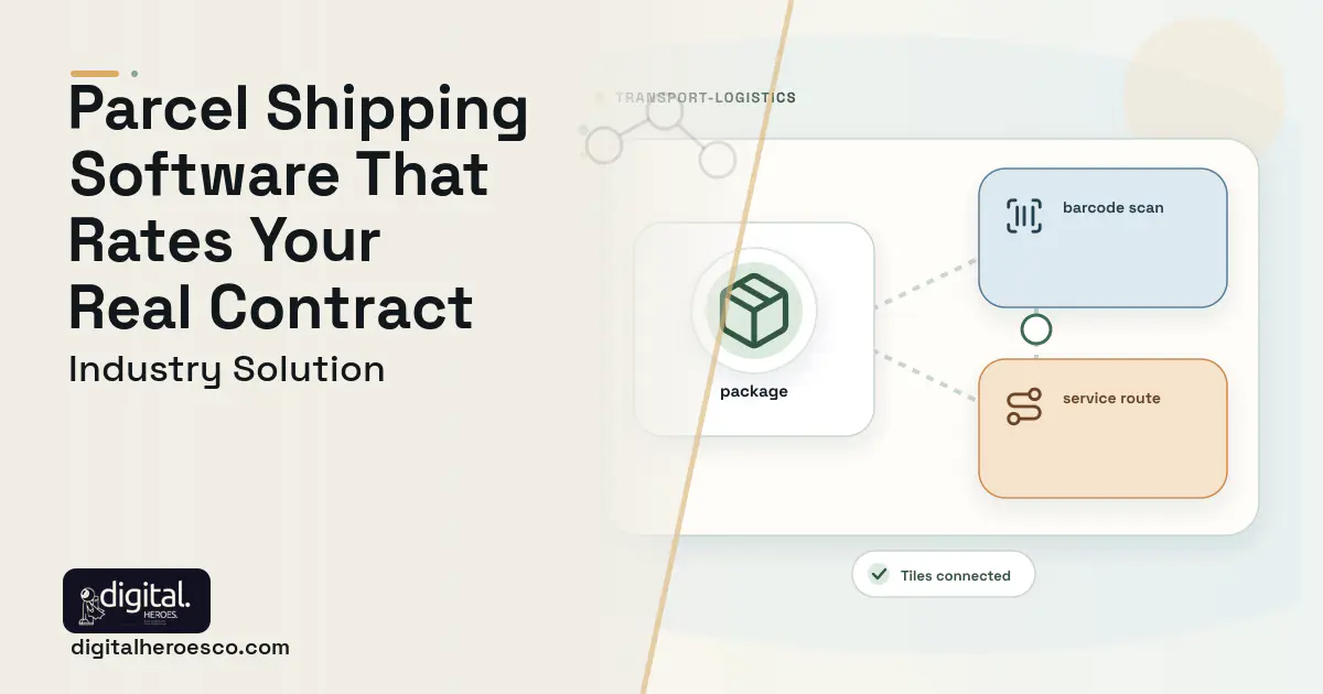 Parcel Shipping software visual showing package, barcode scan, and service route.