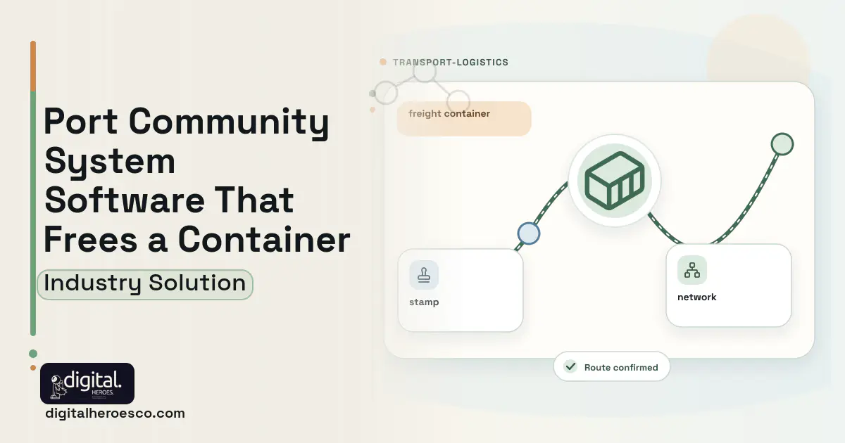 Port Community System software visual showing freight container, stamp, and network.