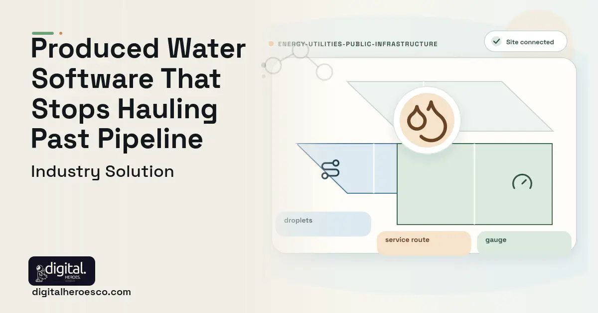 Produced Water Logistics software visual showing droplets, service route, and gauge.
