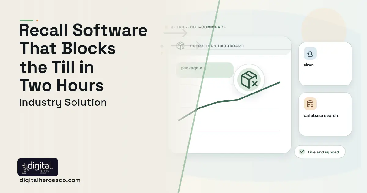 Product Recall Management software visual showing package x, siren, and database search.