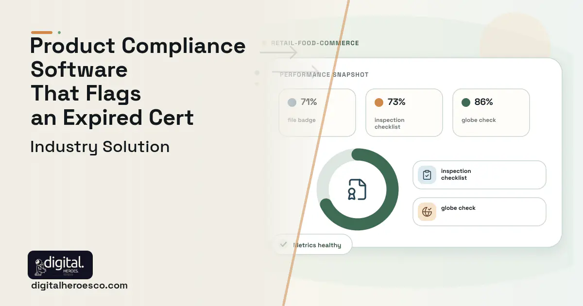 Product Safety Compliance software visual showing file badge, inspection checklist, and globe check.