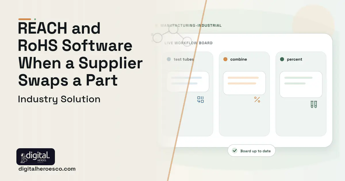 Product Stewardship Substance Compliance software visual showing test tubes, combine, and percent.