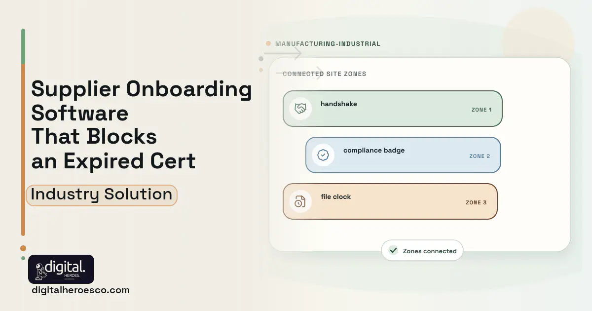 Supplier Lifecycle Management software visual showing handshake, compliance badge, and file clock.