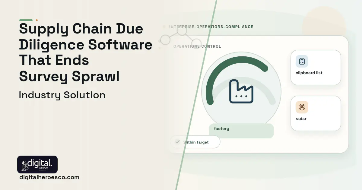 Supply Chain Due Diligence software visual showing factory, clipboard list, and radar.