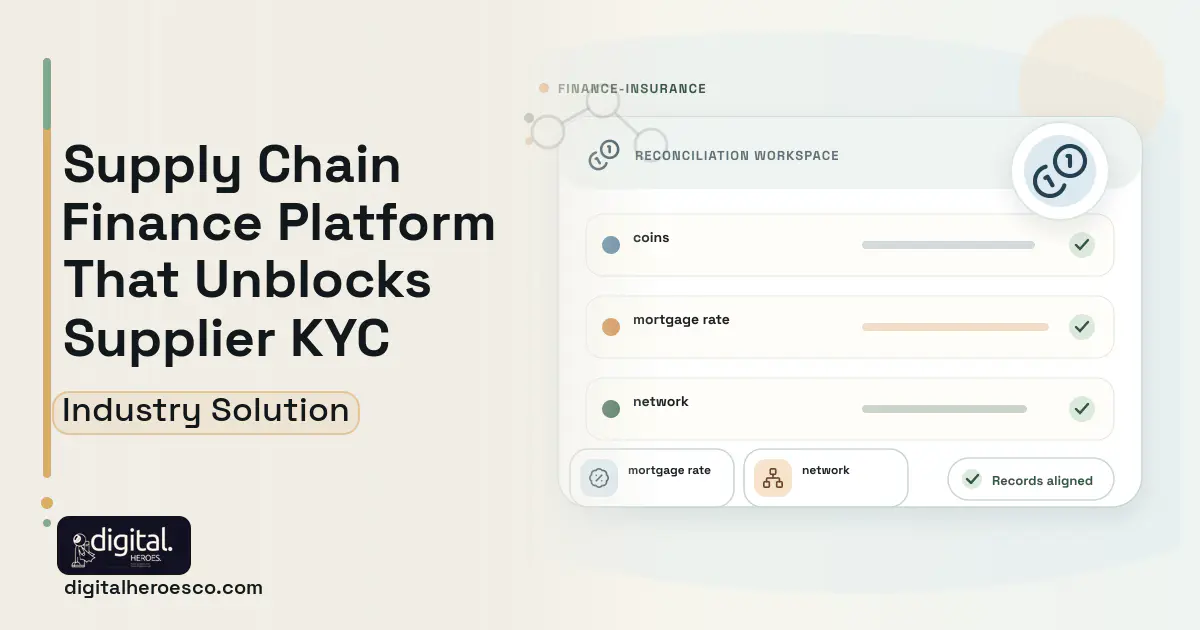 Supply Chain Finance Platform software visual showing coins, mortgage rate, and network.