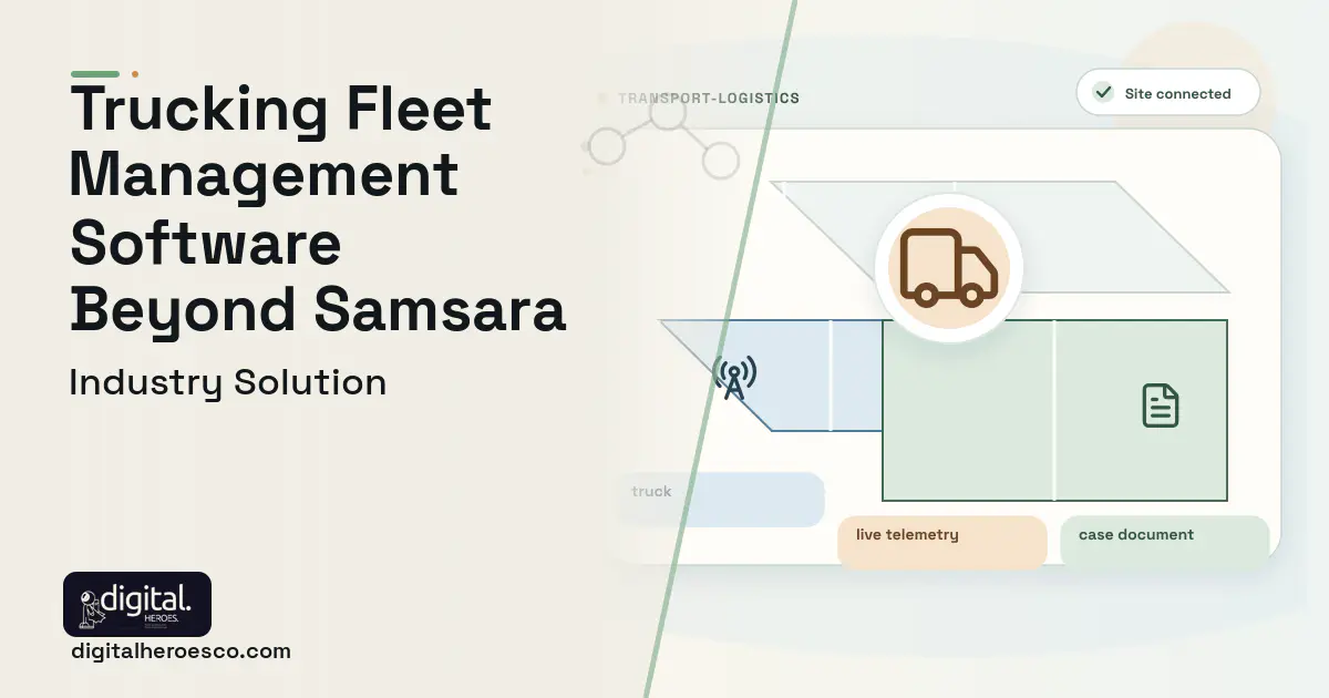 Trucking Fleet Management software visual showing truck, live telemetry, and case document.