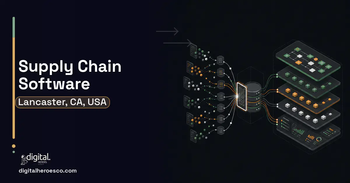 Supply Chain Software workflow illustration for Lancaster, CA, USA.