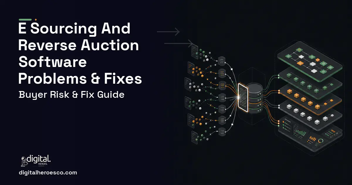 E Sourcing AND Reverse Auction Software workflow illustration showing common problems and fixes.