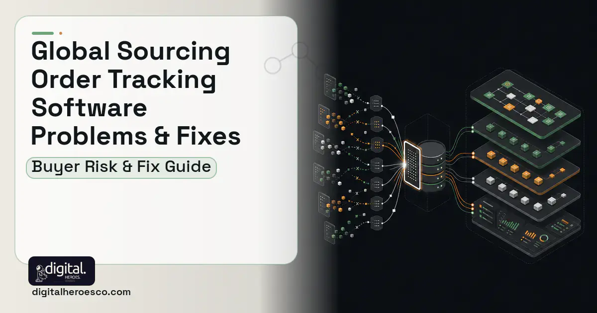 Global Sourcing Order Tracking Software workflow illustration showing common problems and fixes.