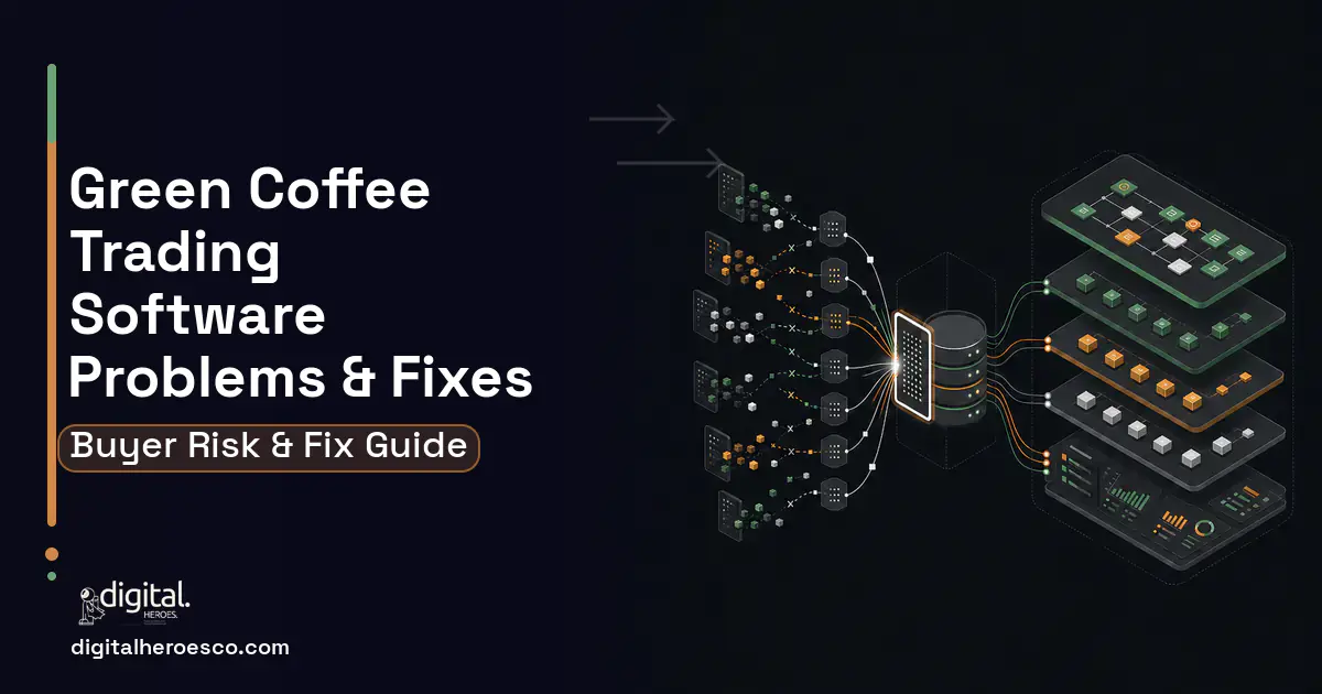 Green Coffee Trading Software workflow illustration showing common problems and fixes.
