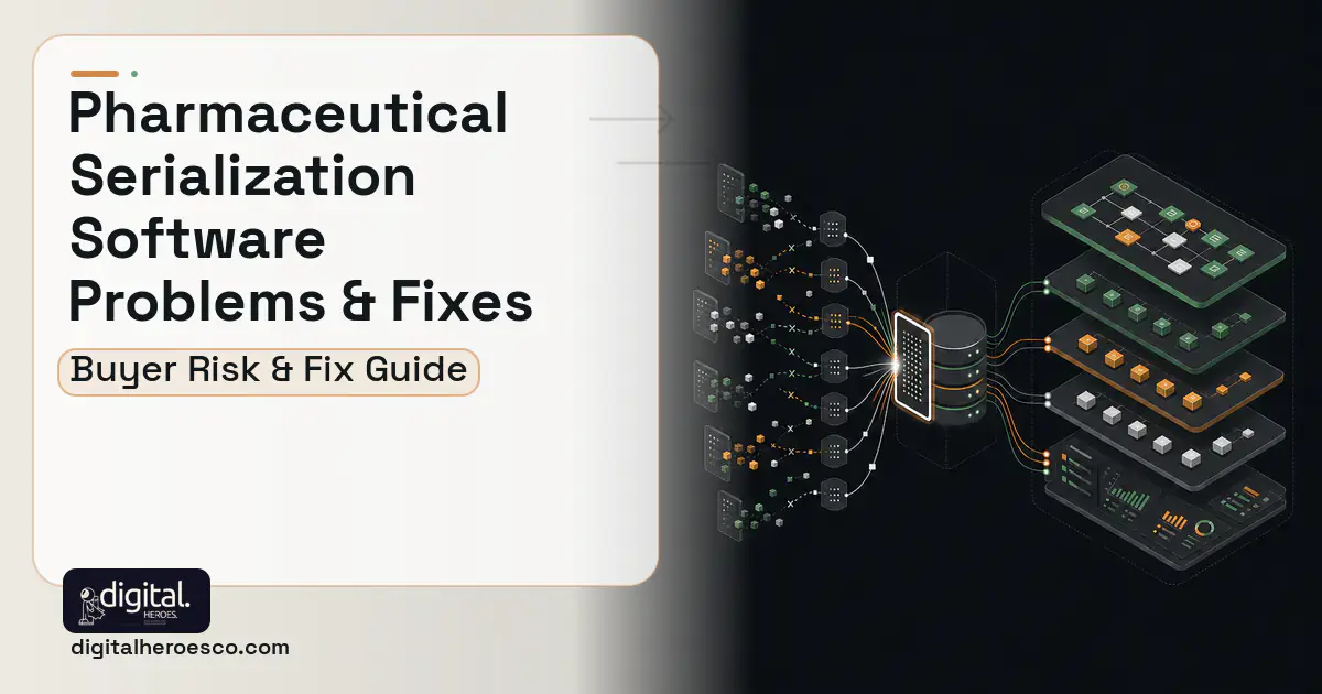 Pharmaceutical Serialization Software workflow illustration showing common problems and fixes.