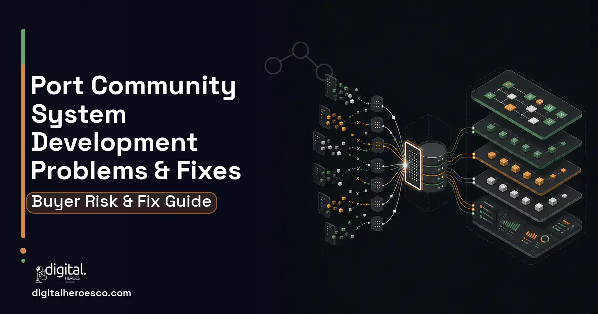 Port Community System Development workflow illustration showing common problems and fixes.