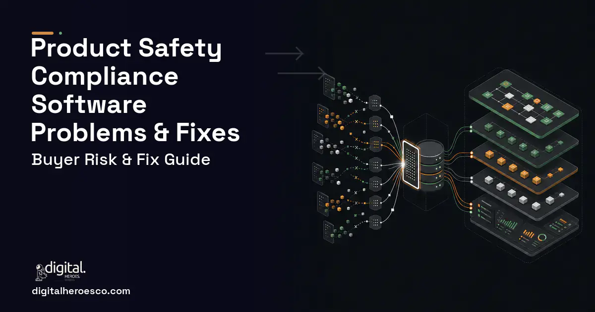 Product Safety Compliance Software workflow illustration showing common problems and fixes.