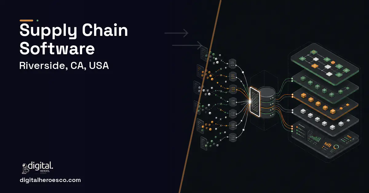 Supply Chain Software workflow illustration for Riverside, CA, USA.
