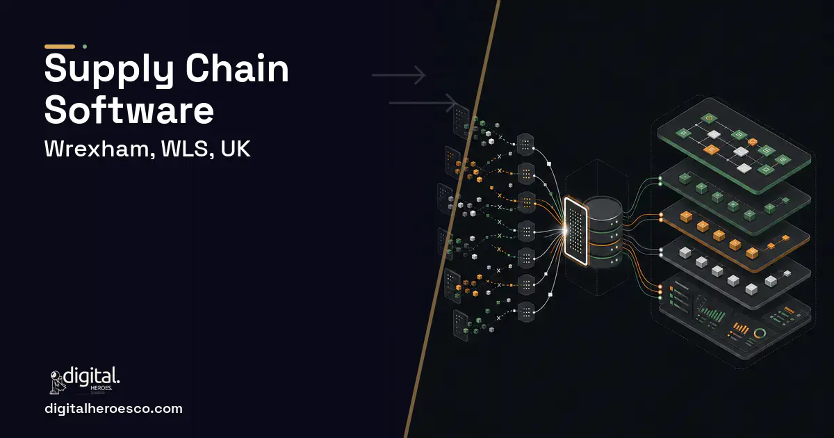Supply Chain Software workflow illustration for Wrexham, WLS, UK.